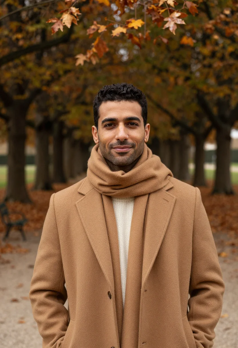 AI luxembourg garden november camel sample — portrait of a man, framed tight, head and shoulders, the bod