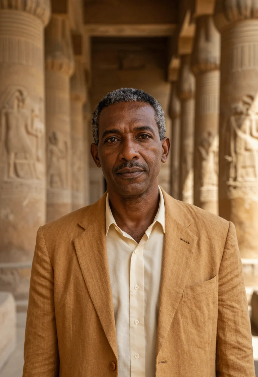AI luxor egyptologist sandstone temple ochre sample — portrait of a man, a Nubian Egyptian Egyptologist in his ear