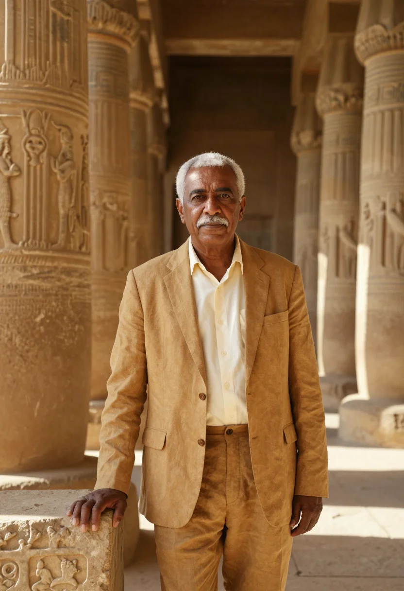 AI luxor egyptologist sandstone temple ochre sample — portrait of a man, an Egyptian Egyptologist in his mid-sixti