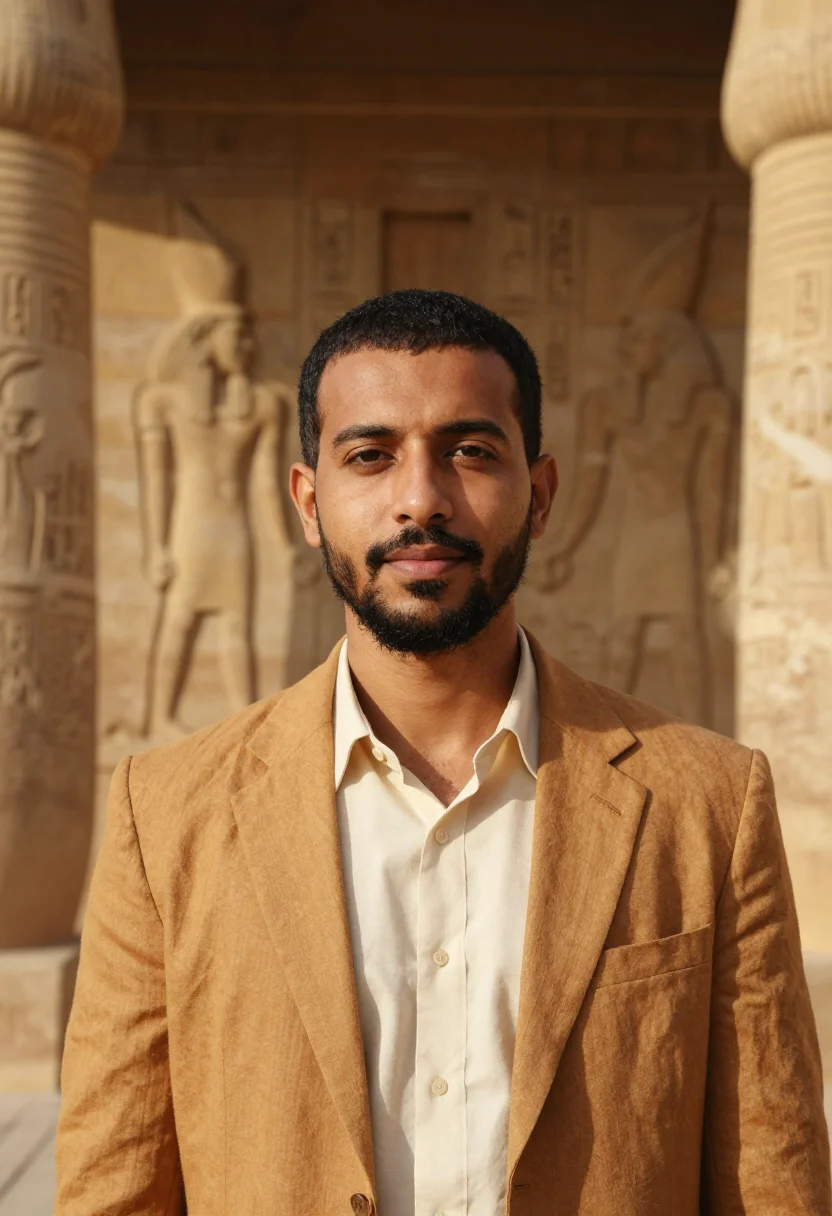 AI luxor egyptologist sandstone temple ochre sample — portrait of a man, an Egyptian Egyptologist in his early for
