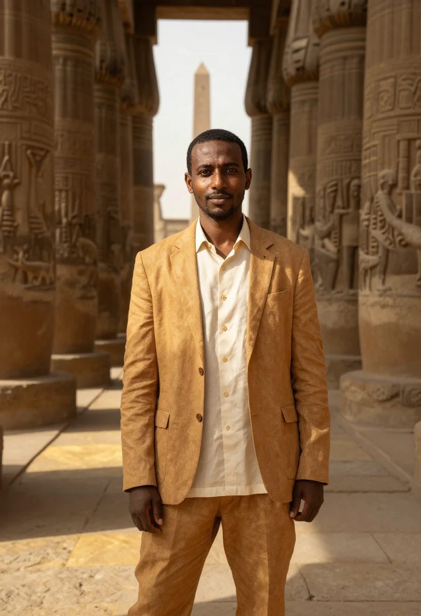 AI luxor egyptologist sandstone temple ochre sample — portrait of a man, a Sudanese Egyptologist in his early fort