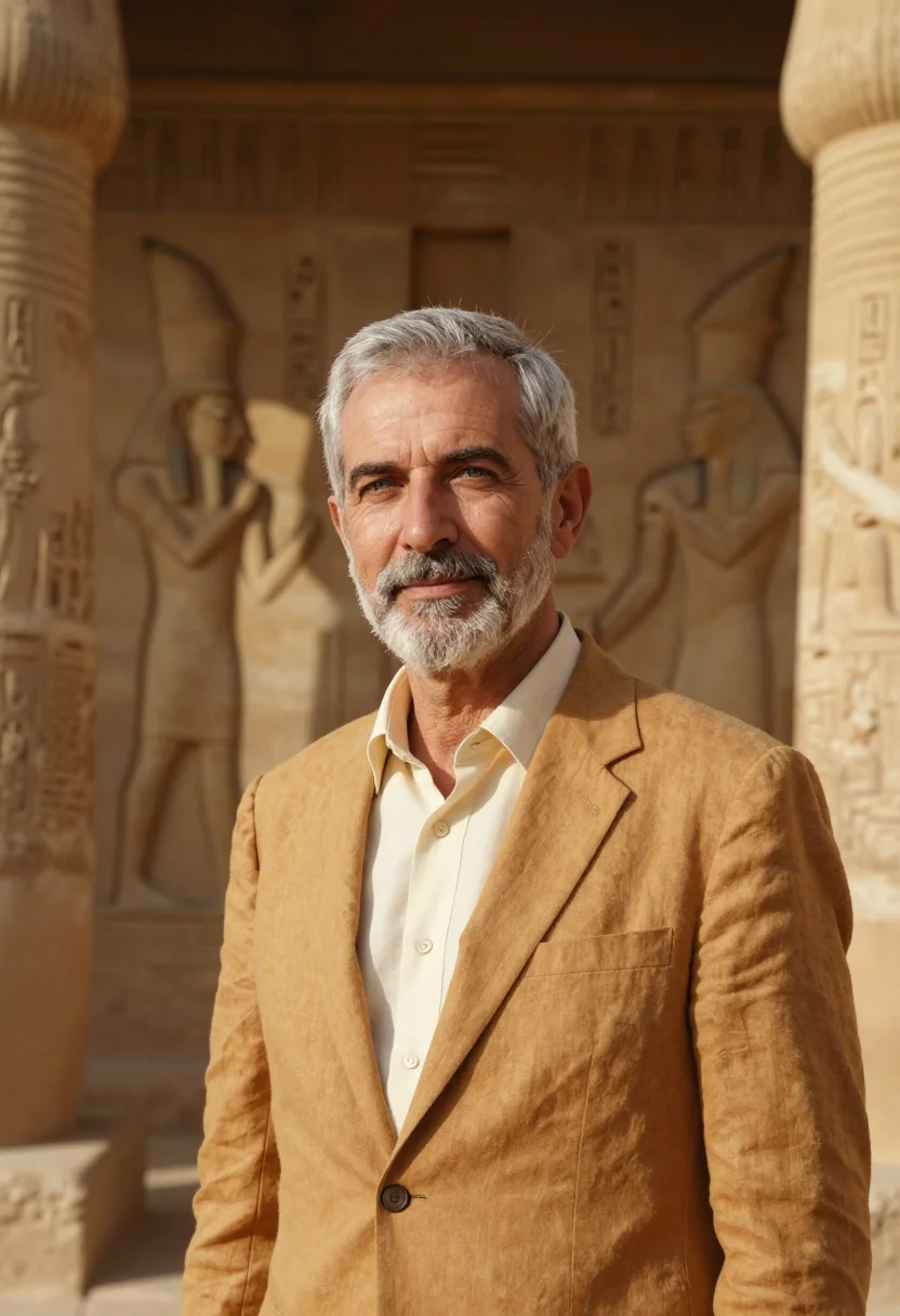 AI luxor egyptologist sandstone temple ochre sample — portrait of a man, an English Egyptologist in his late fifti