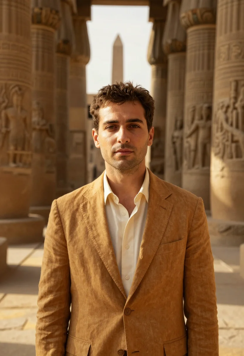 AI luxor egyptologist sandstone temple ochre sample — portrait of a man, a French Egyptologist in his late thirtie
