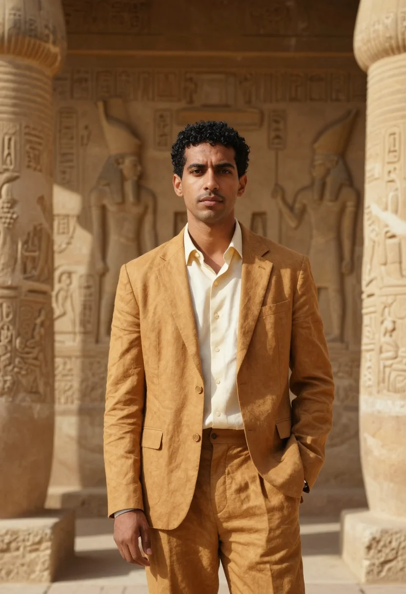 AI luxor egyptologist sandstone temple ochre sample — portrait of a man, an Egyptian Egyptologist in his mid-thirt