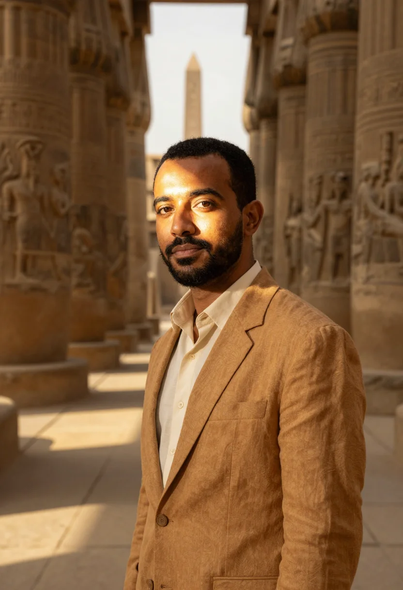 AI luxor egyptologist sandstone temple ochre sample — portrait of a man, an Egyptian Egyptologist in his mid-forti