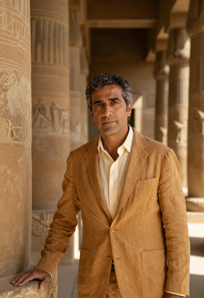 AI luxor egyptologist sandstone temple ochre sample — portrait of a man, an Italian Egyptologist in his late forti