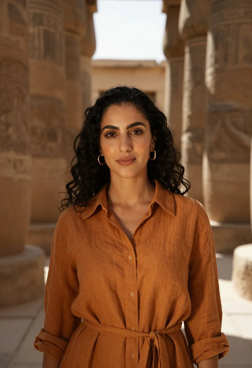 AI luxor winter season ochre linen sample — portrait of a woman, framed tight, head and shoulders, the b