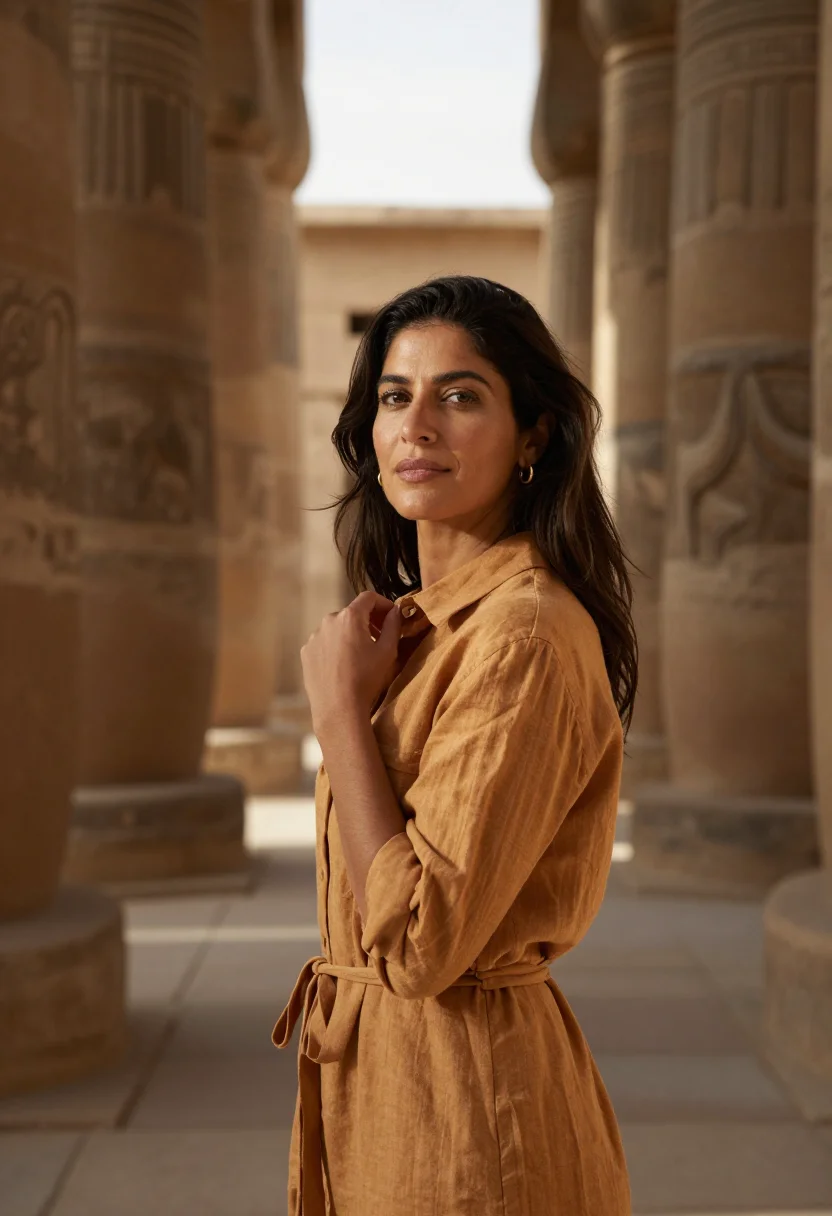AI luxor winter season ochre linen sample — portrait of a woman, framed chest-up to the ribs, the body c