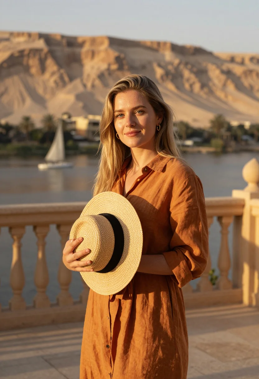 AI luxor winter season ochre linen sample — portrait of a woman, framed chest-up to the ribs, the body c