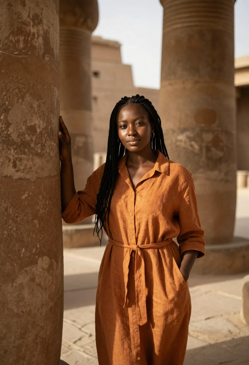 AI luxor winter season ochre linen sample — portrait of a woman, framed half-length from the head to the