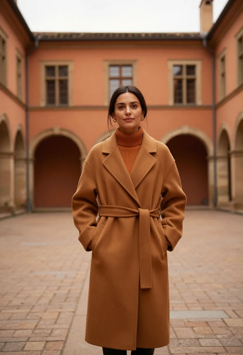 AI lyon traboules november ochre sample — portrait of a woman, framed full-length from the head to the
