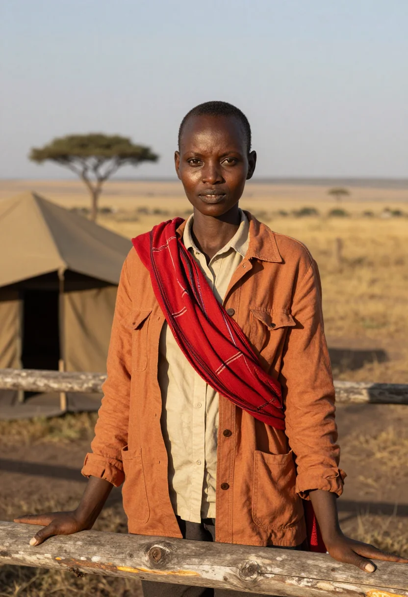 AI maasai mara conservationist savannah ochre red sample — portrait of a woman, a Maasai conservationist in her late tw