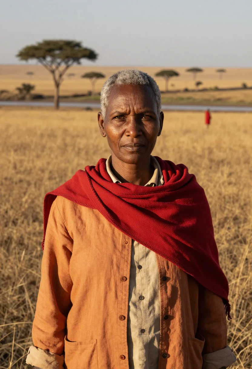AI maasai mara conservationist savannah ochre red sample — portrait of a woman, a Luo conservationist in her early fift