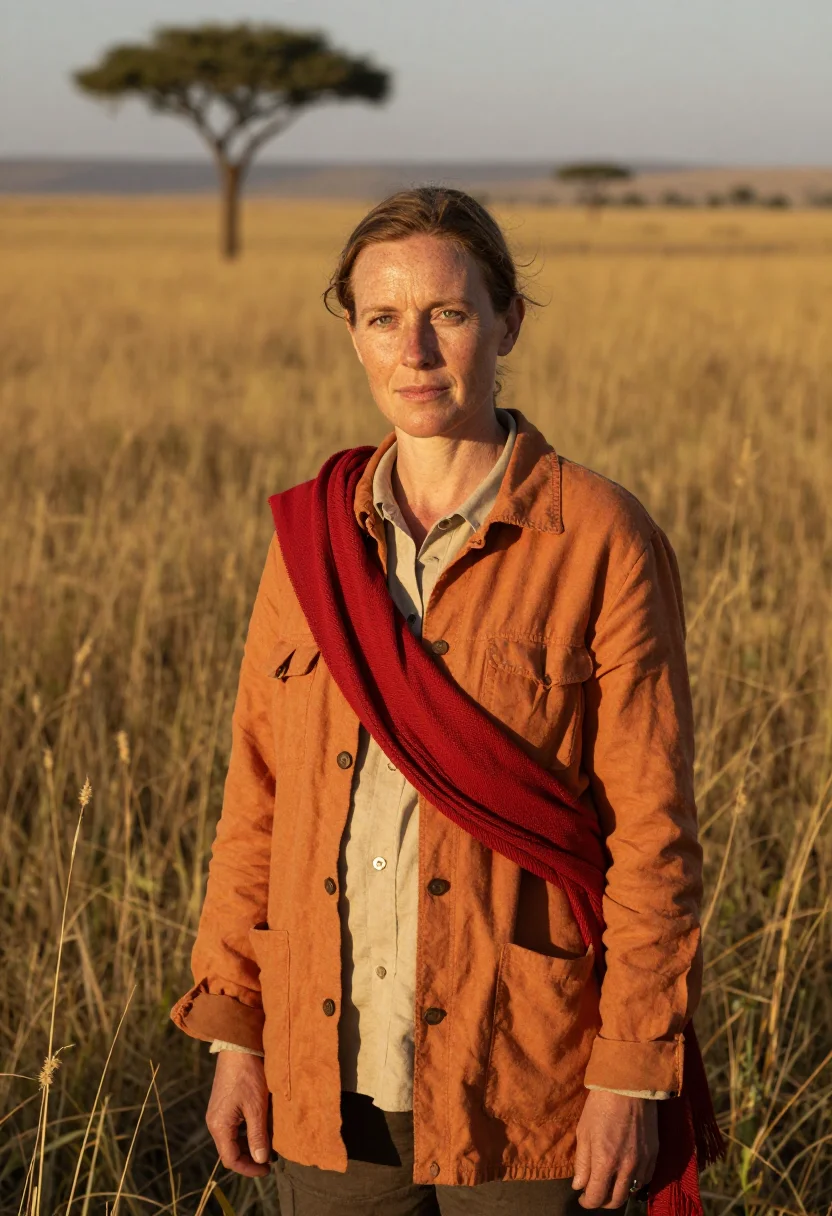 AI maasai mara conservationist savannah ochre red sample — portrait of a woman, a Western-European conservationist in h