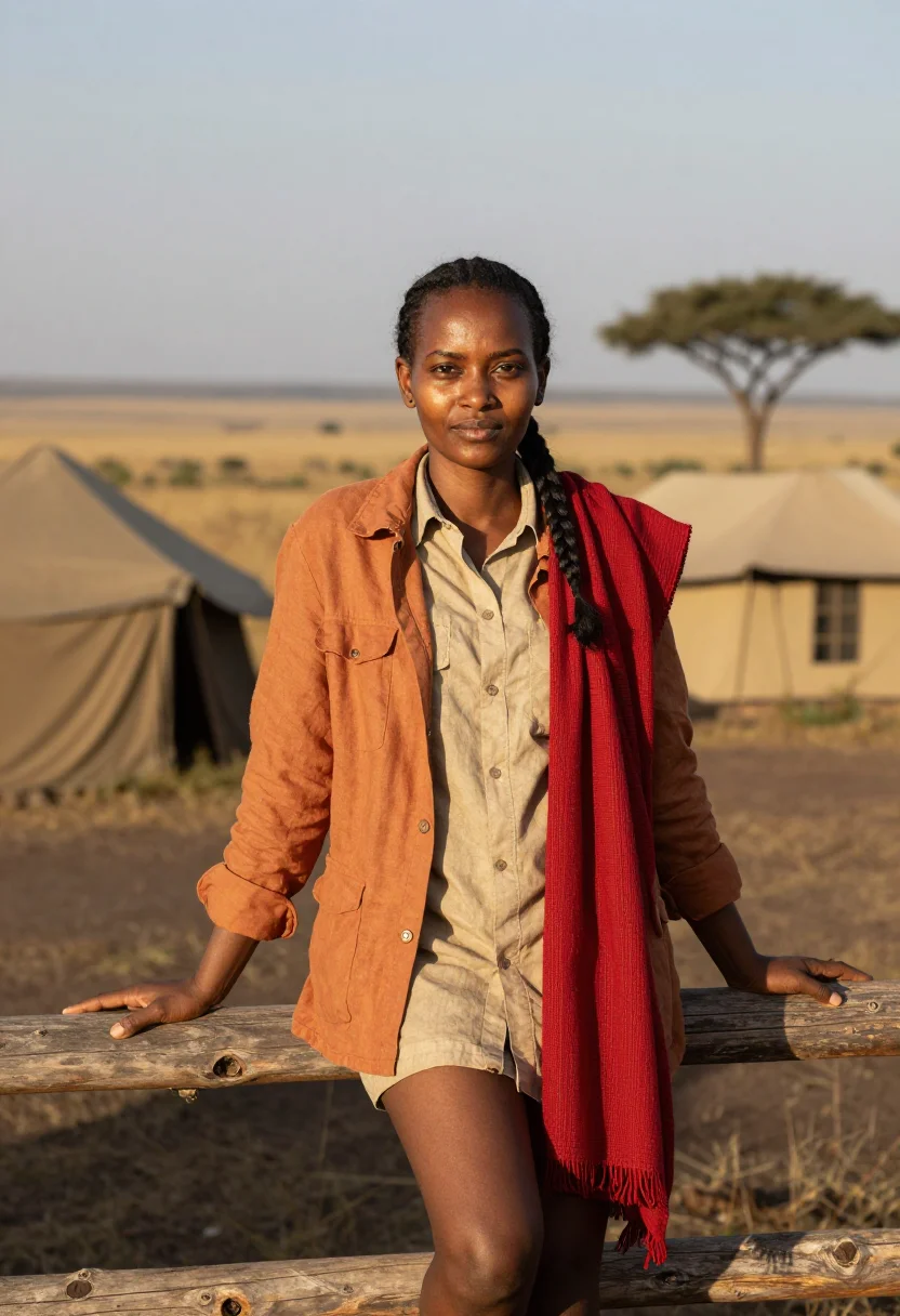 AI maasai mara conservationist savannah ochre red sample — portrait of a woman, a Kenyan conservationist of Gujarati de