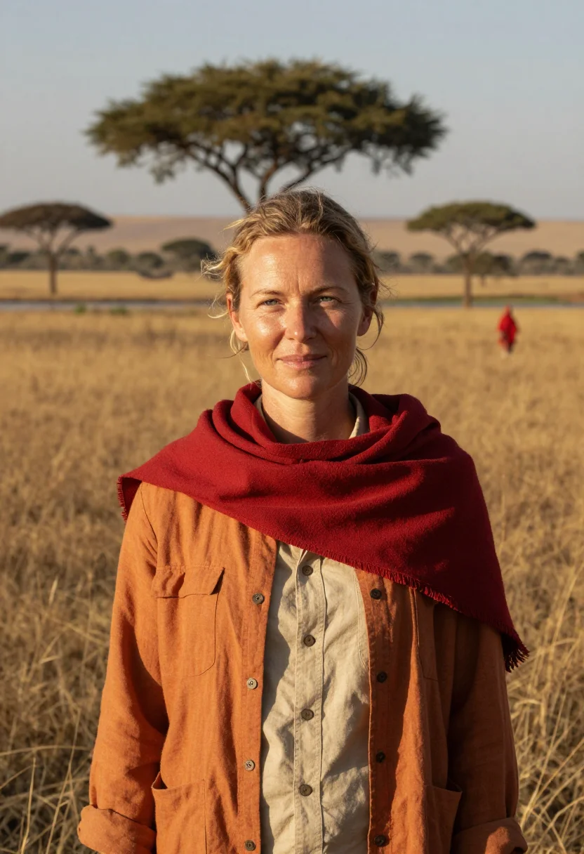 AI maasai mara conservationist savannah ochre red sample — portrait of a woman, a Dutch conservationist in her mid-fort