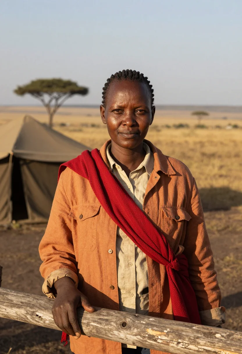 AI maasai mara conservationist savannah ochre red sample — portrait of a woman, a Kalenjin conservationist in her early