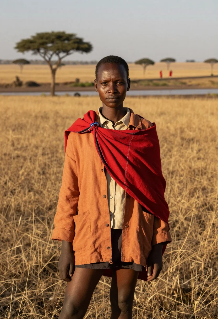 AI maasai mara conservationist savannah ochre red sample — portrait of a woman, a Maasai conservationist in her mid-thi