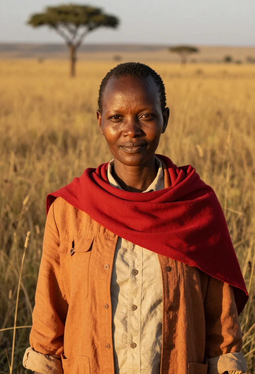 AI maasai mara conservationist savannah ochre red sample — portrait of a woman, a Kikuyu conservationist in her mid-for