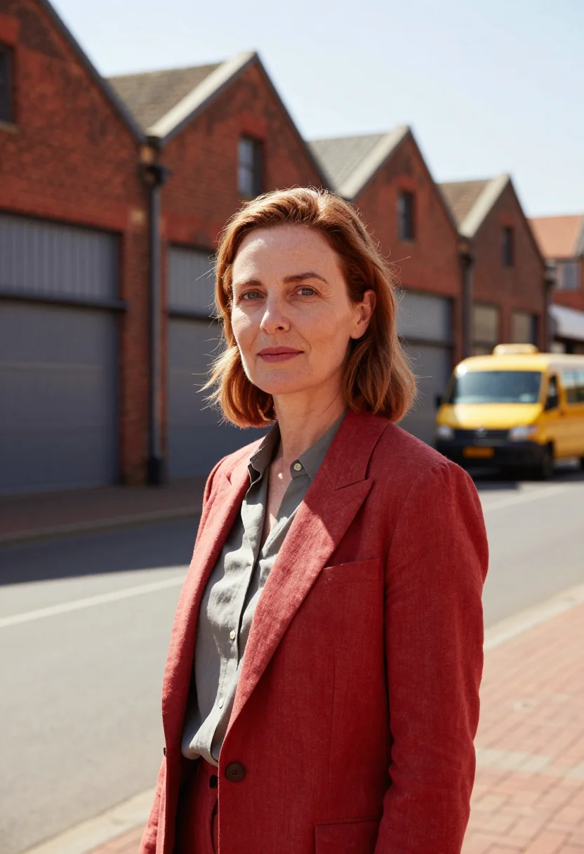 AI maboneng gallerist industrial brick yellow sample — portrait of a woman, a gallerist in her late forties of Engl