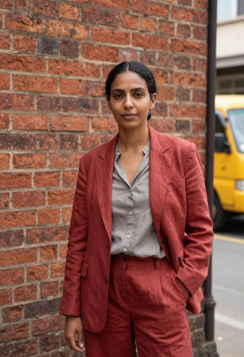 AI maboneng gallerist industrial brick yellow sample — portrait of a woman, a gallerist in her mid-forties of India