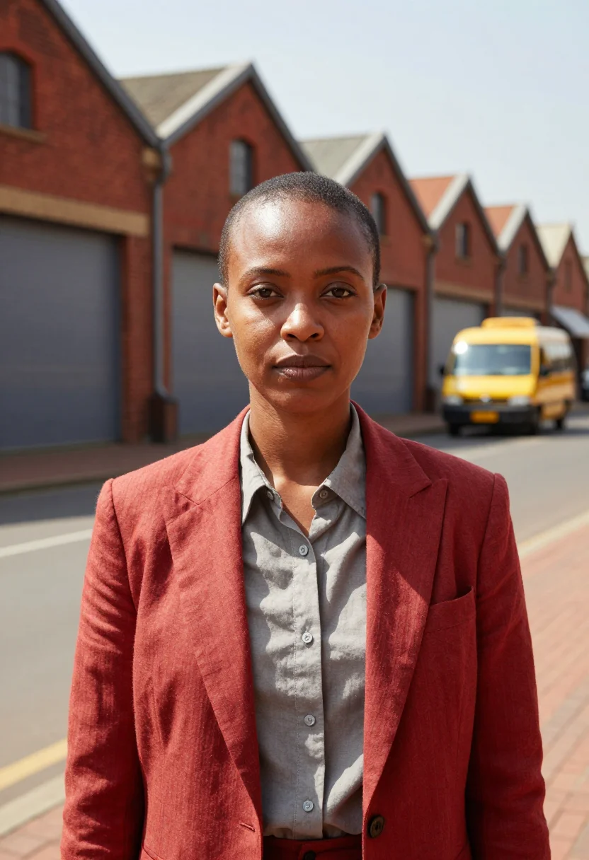 AI maboneng gallerist industrial brick yellow sample — portrait of a woman, a gallerist in her mid-thirties of Tswa