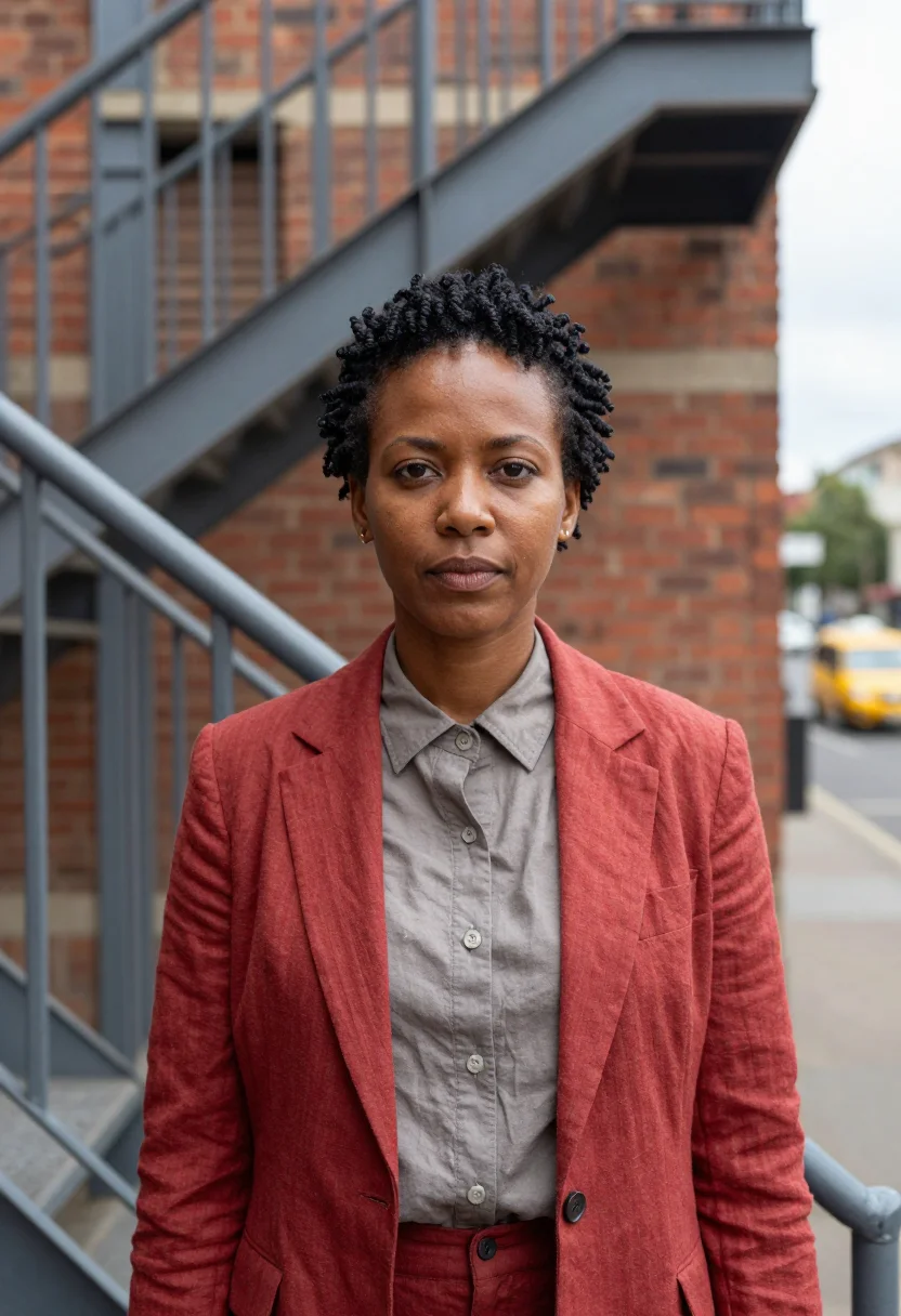 AI maboneng gallerist industrial brick yellow sample — portrait of a woman, a gallerist in her early forties of Xho
