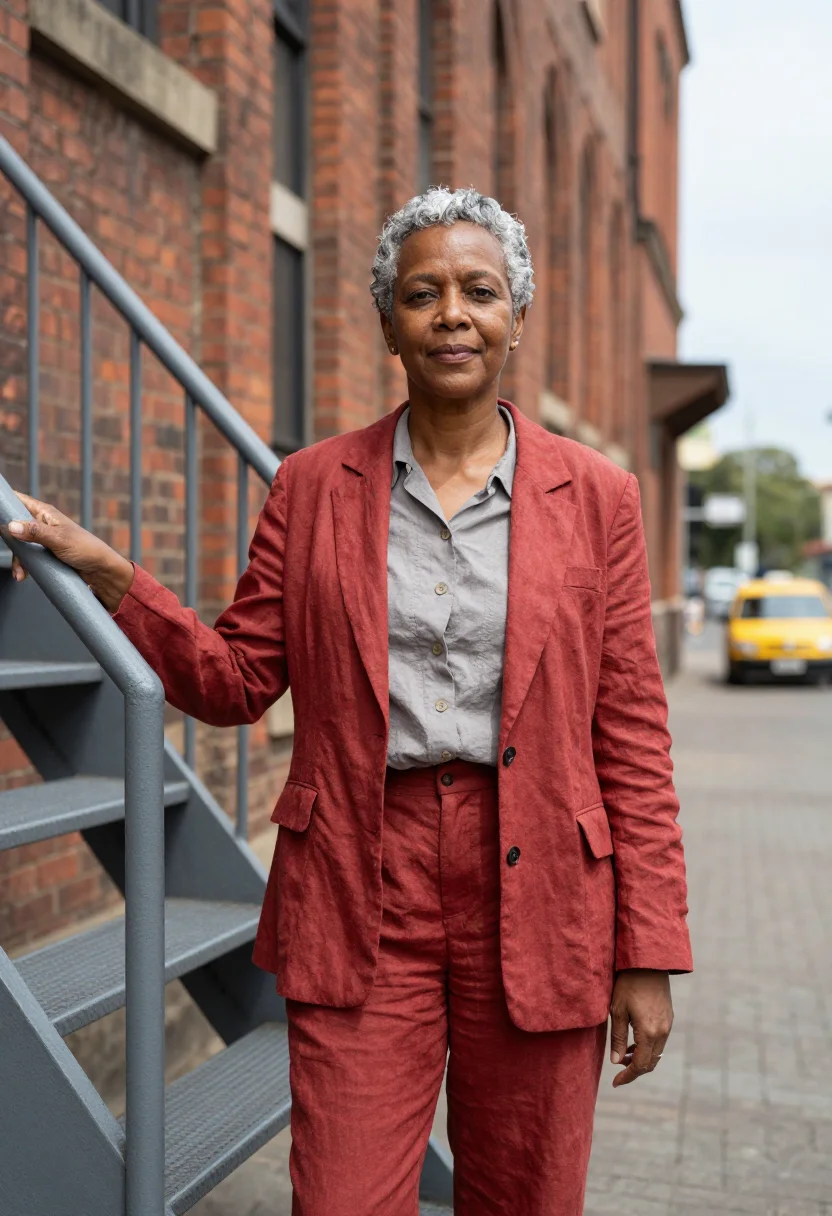 AI maboneng gallerist industrial brick yellow sample — portrait of a woman, a gallerist in her mid-fifties of Cape