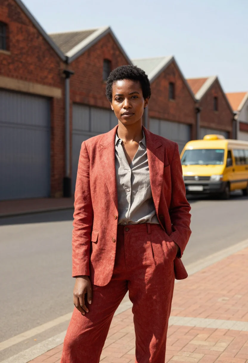 AI maboneng gallerist industrial brick yellow sample — portrait of a woman, a gallerist in her early forties of Zul