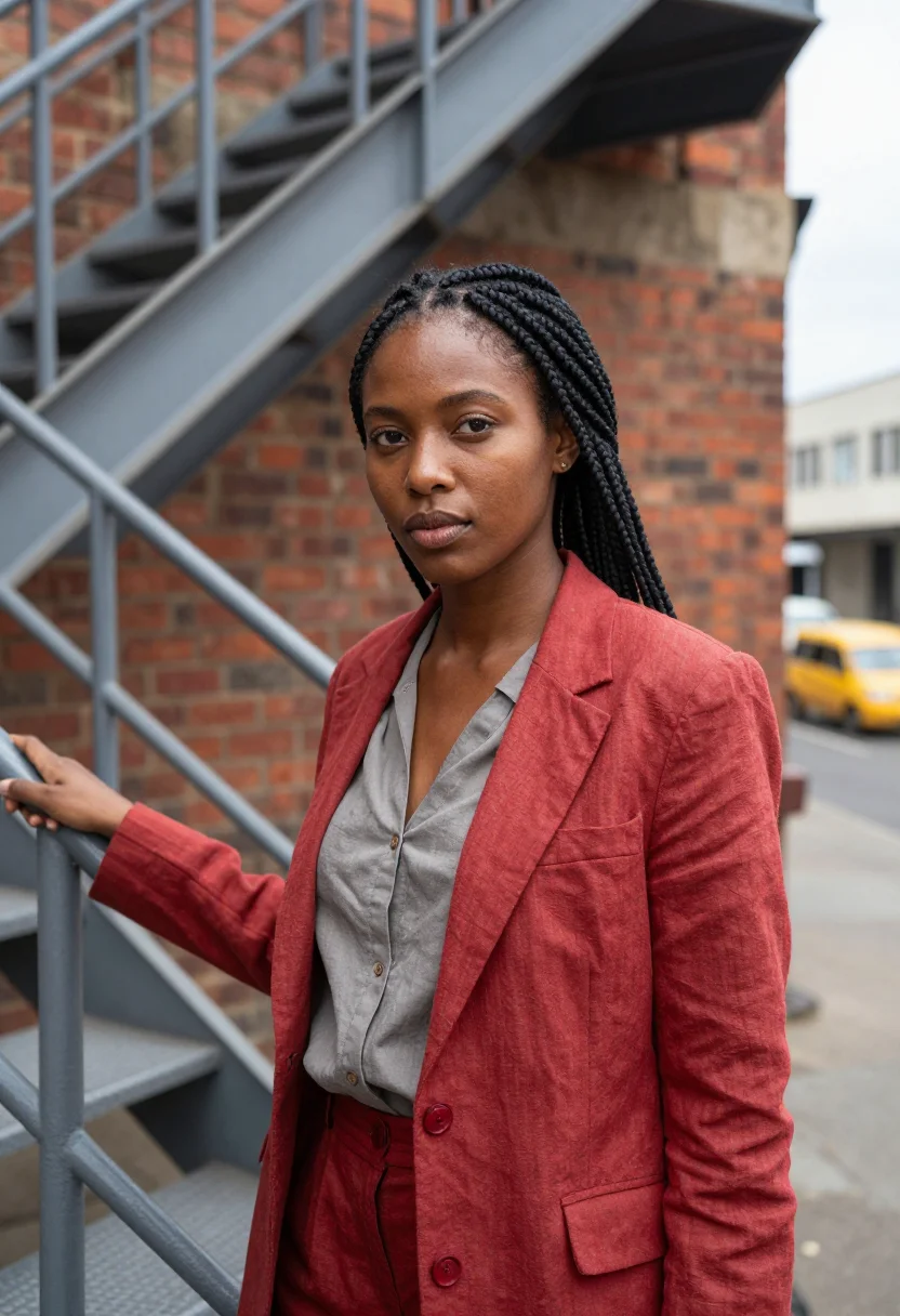 AI maboneng gallerist industrial brick yellow sample — portrait of a woman, a gallerist in her late twenties of Sot