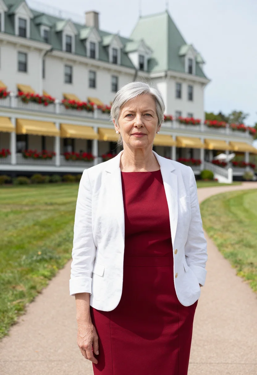 AI mackinac porch hotelier sample — portrait of a woman, framed half-length from the head to the