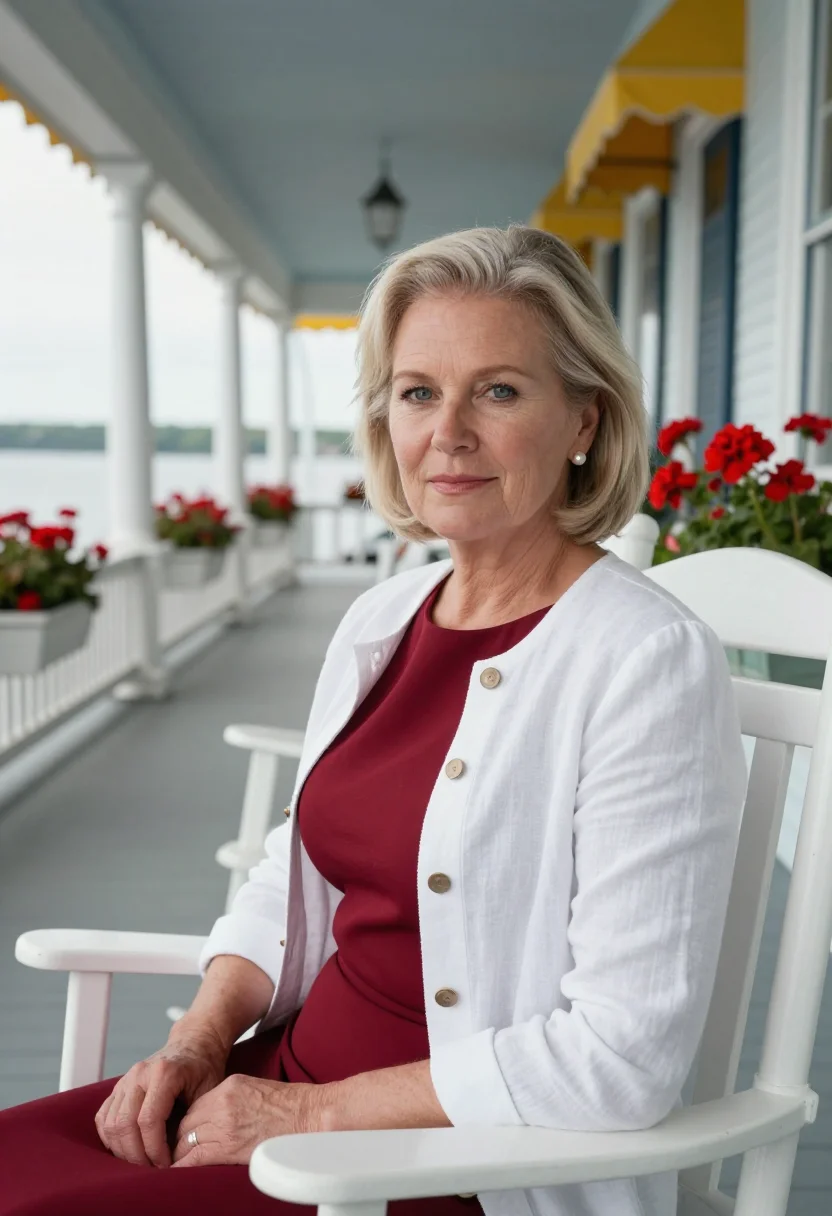 AI mackinac porch hotelier sample — portrait of a woman, framed tight, head and shoulders, the b