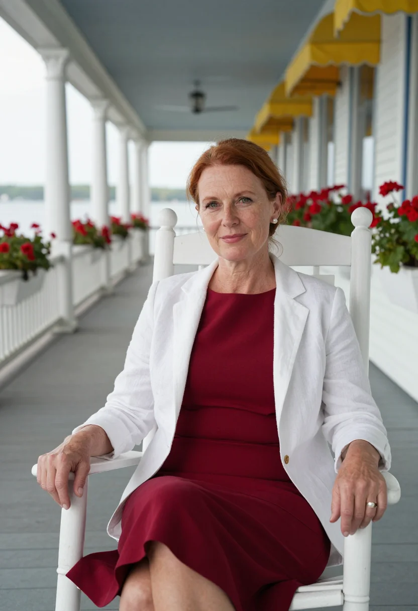 AI mackinac porch hotelier sample — portrait of a woman, framed half-length from the head to the