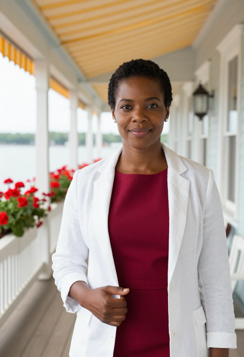 AI mackinac porch hotelier sample — portrait of a woman, framed chest-up, cropped at the ribs, t