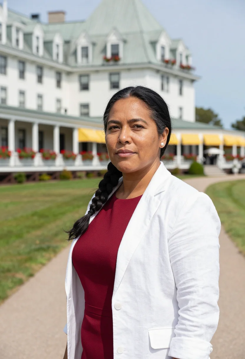 AI mackinac porch hotelier sample — portrait of a woman, framed tight, head and shoulders, the b