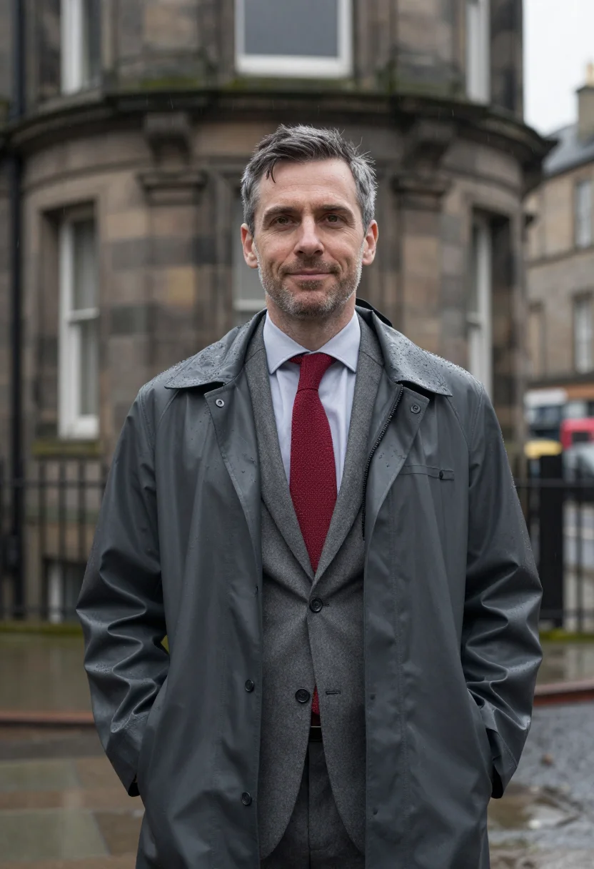AI mackintosh glasgow rain charcoal sample — portrait of a man, framed half-length from the head to the h