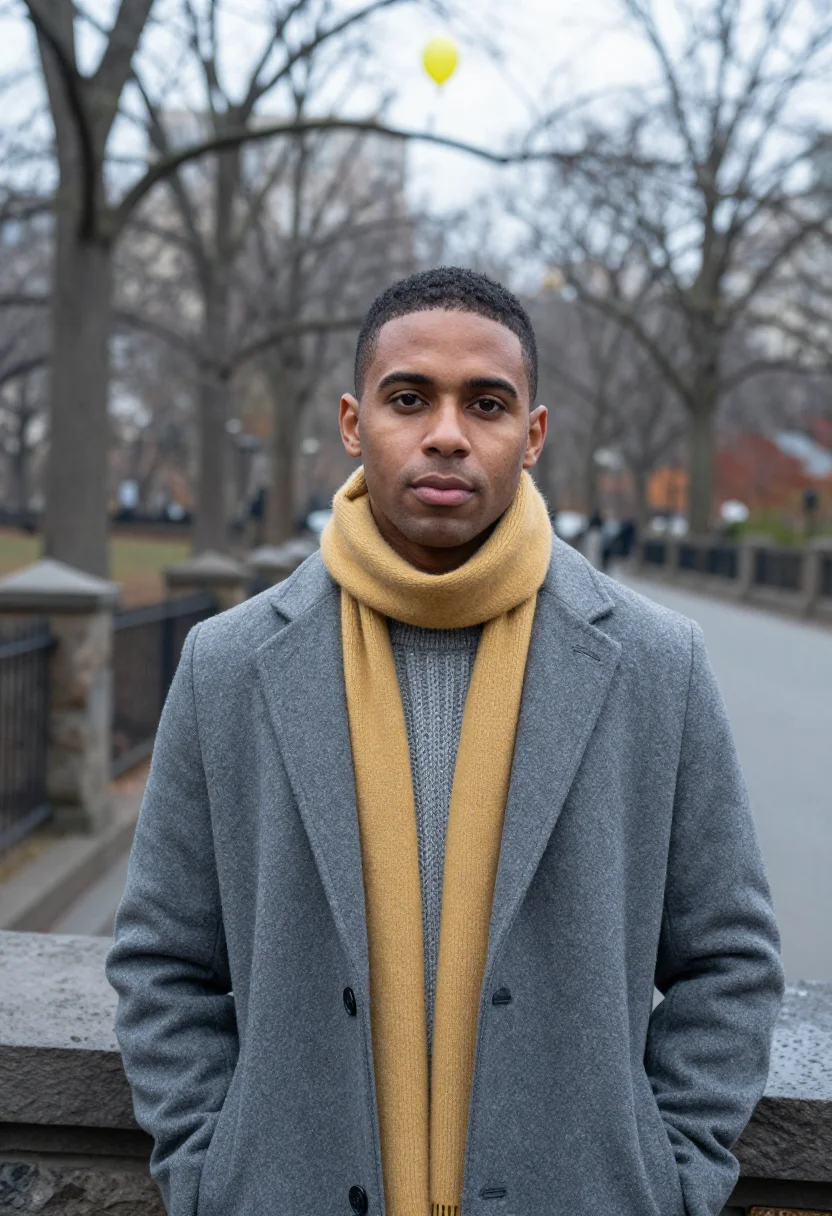 AI macys parade november grey sample — portrait of a man, framed chest-up, cropped at the ribs, the
