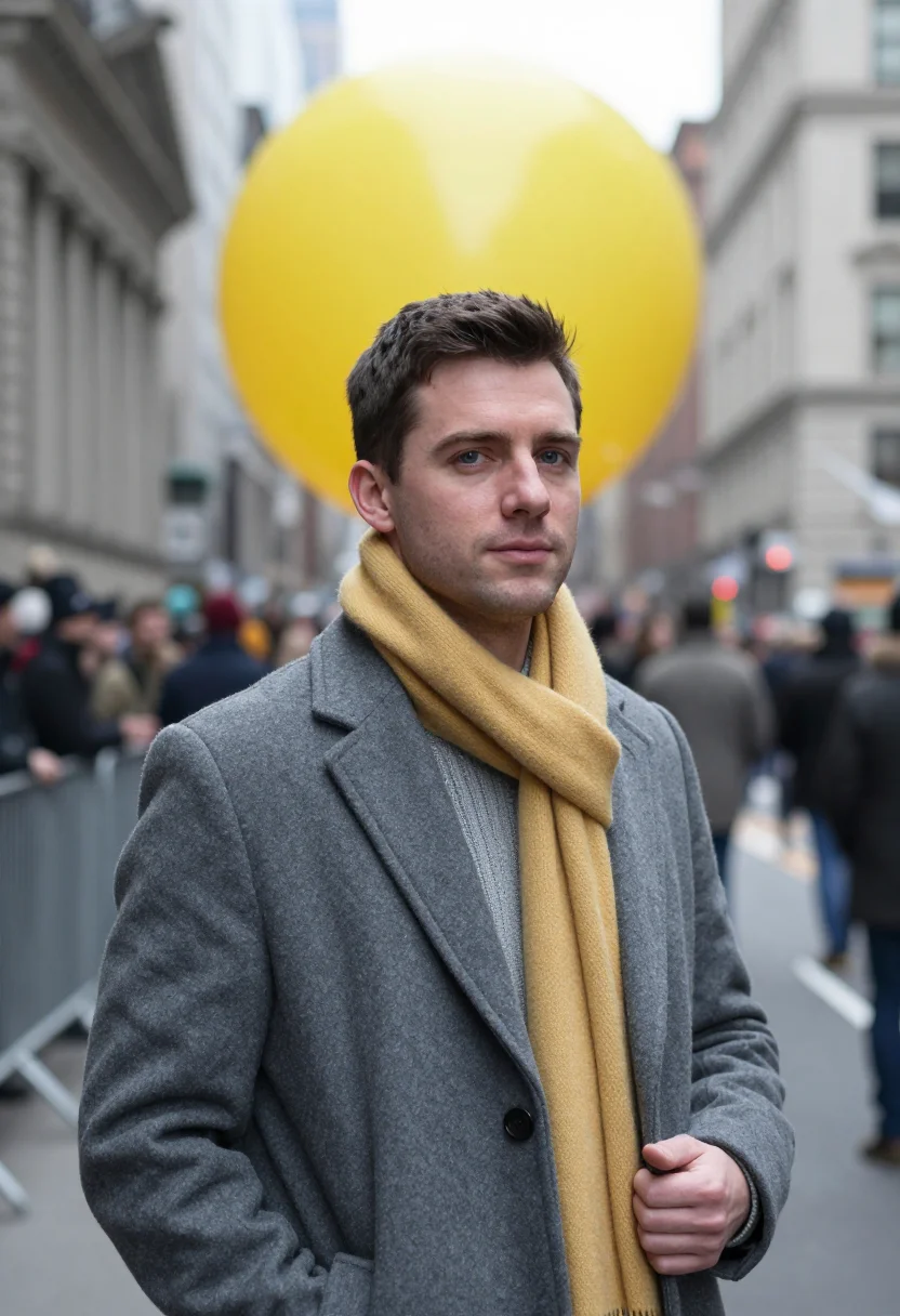 AI macys parade november grey sample — portrait of a man, framed chest-up, cropped at the ribs, the