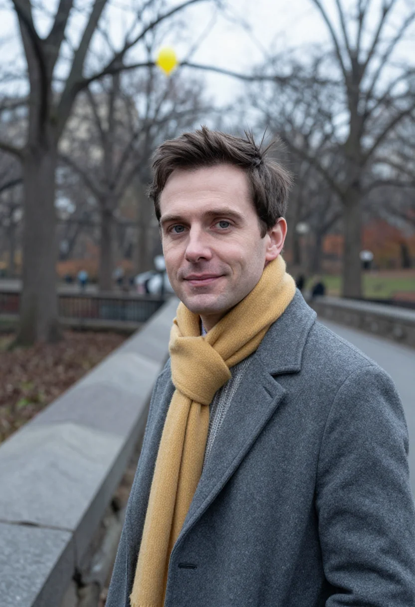 AI macys parade november grey sample — portrait of a man, framed tight, head and shoulders, the bod
