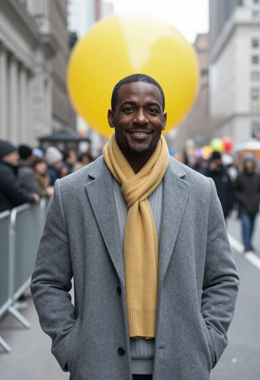 AI macys parade november grey sample — portrait of a man, framed half-length from the head to the h