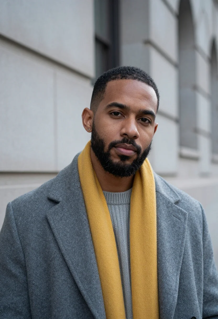AI macys parade november grey sample — portrait of a man, framed tight, head and shoulders, the bod