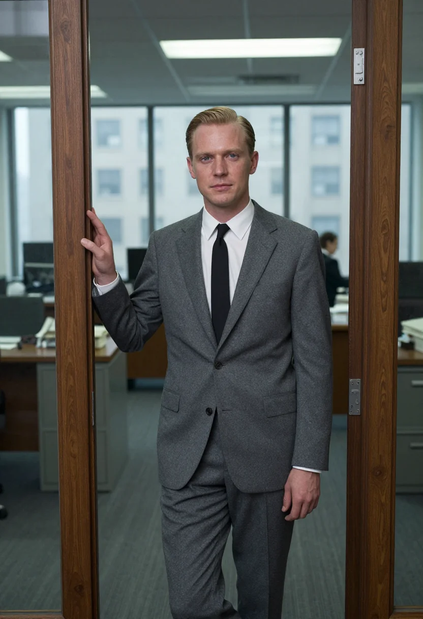 AI mad men madison avenue grey suit 1960 sample — portrait of a man, a Scandinavian-American man in his mid-th