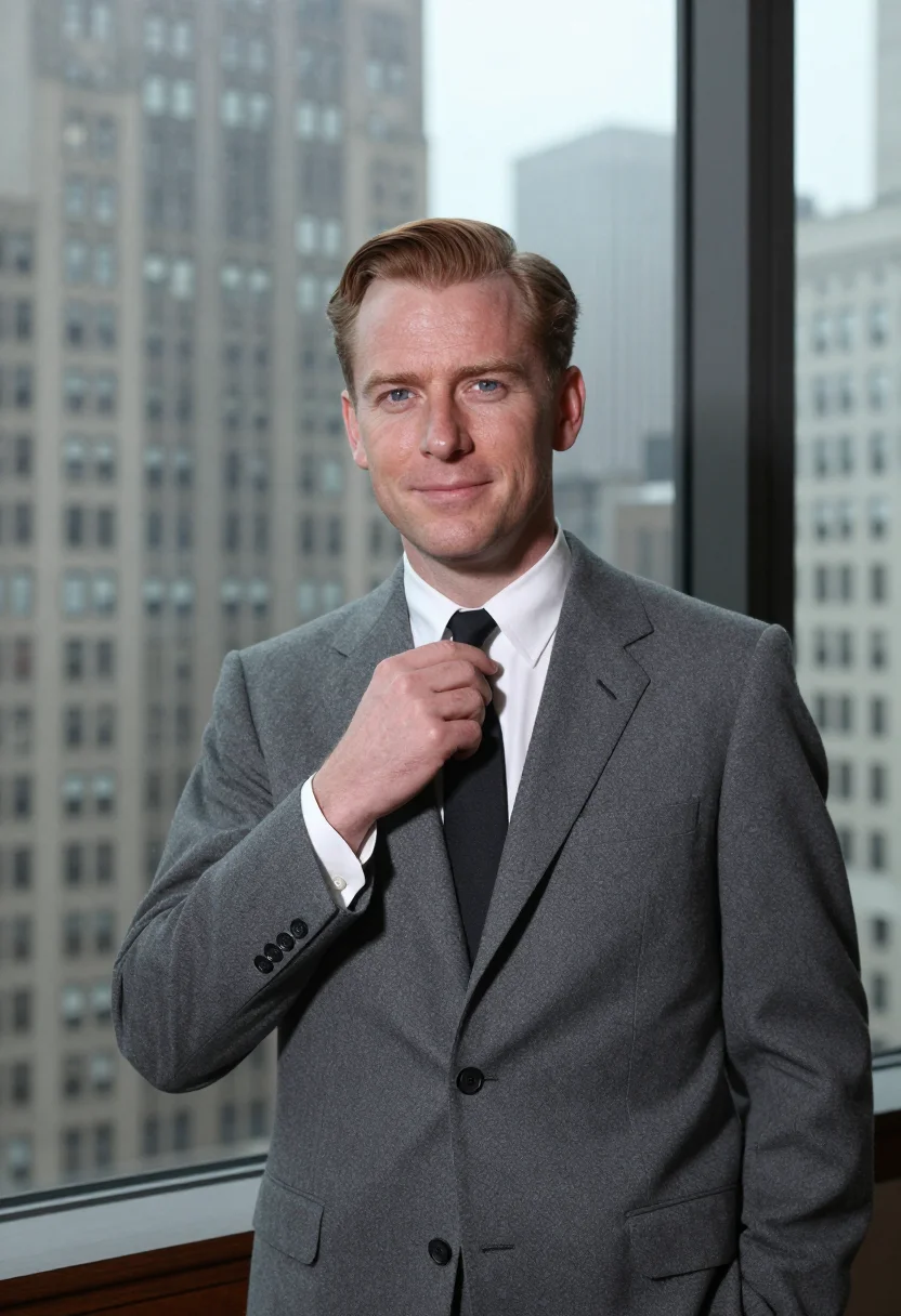 AI mad men madison avenue grey suit 1960 sample — portrait of a man, an Irish-American man in his early fortie