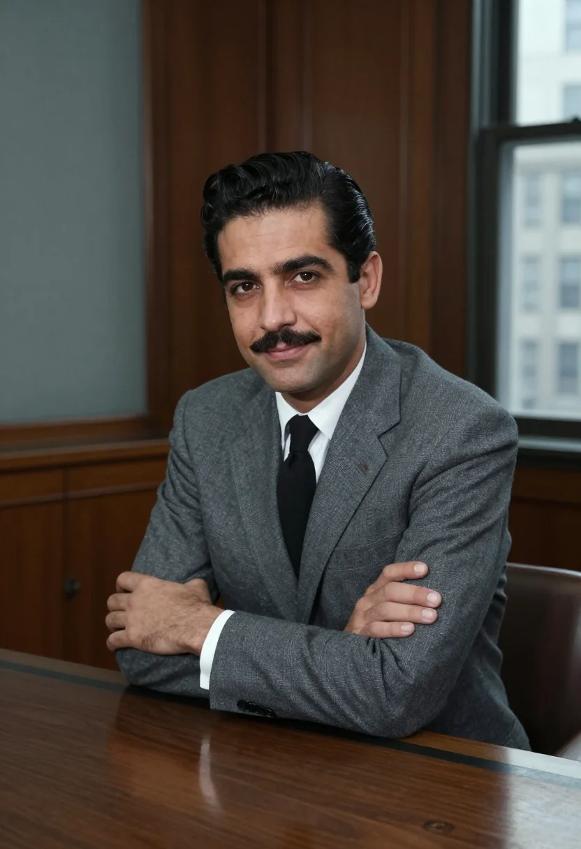AI mad men madison avenue grey suit 1960 sample — portrait of a man, a Greek-American man in his late thirties