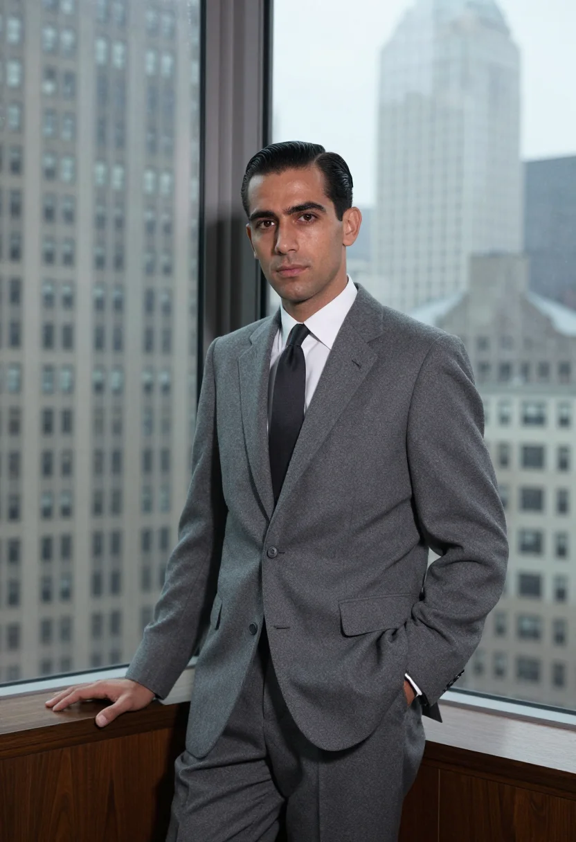 AI mad men madison avenue grey suit 1960 sample — portrait of a man, an Italian-American man in his mid-thirti