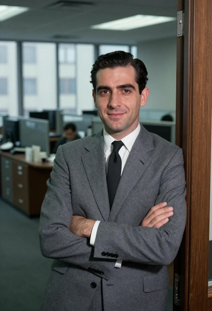 AI mad men madison avenue grey suit 1960 sample — portrait of a man, a Jewish-American man in his late thirtie