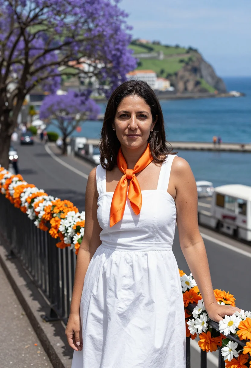 AI madeira flower festival may palette sample — portrait of a woman, a Portuguese traveller in her late thir