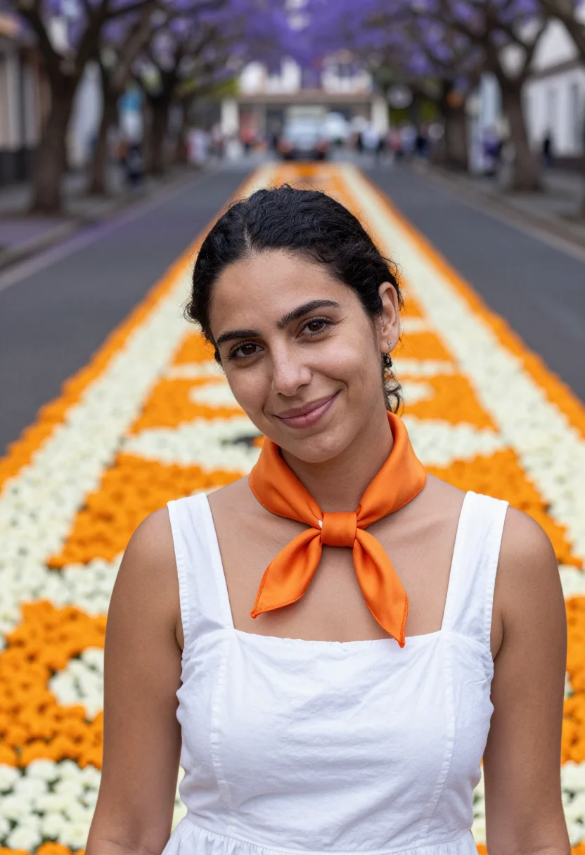 AI madeira flower festival may palette sample — portrait of a woman, a Portuguese traveller in her early thi