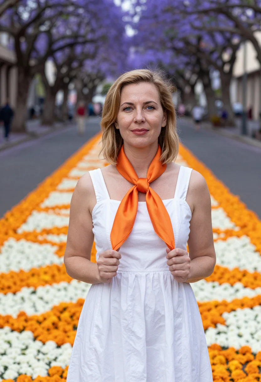 AI madeira flower festival may palette sample — portrait of a woman, a German traveller in her early forties