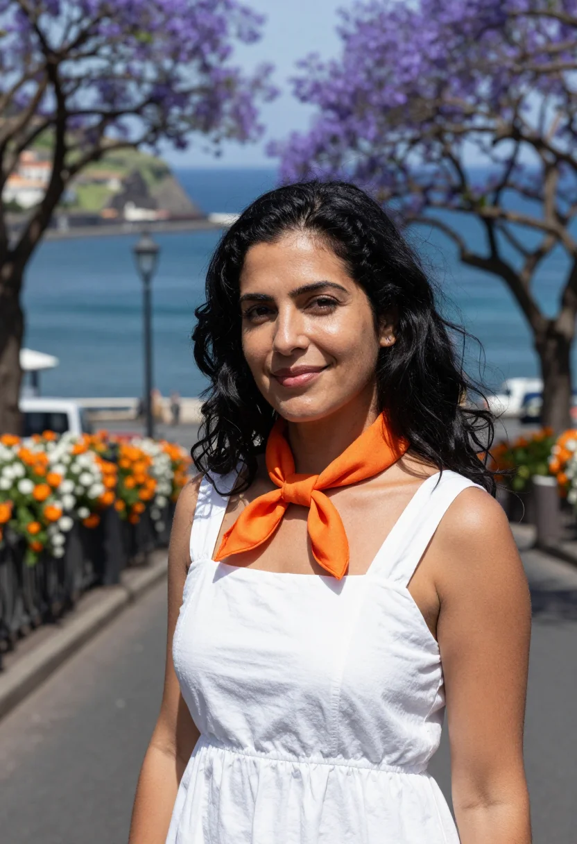 AI madeira flower festival may palette sample — portrait of a woman, a Spanish traveller in her mid-thirties